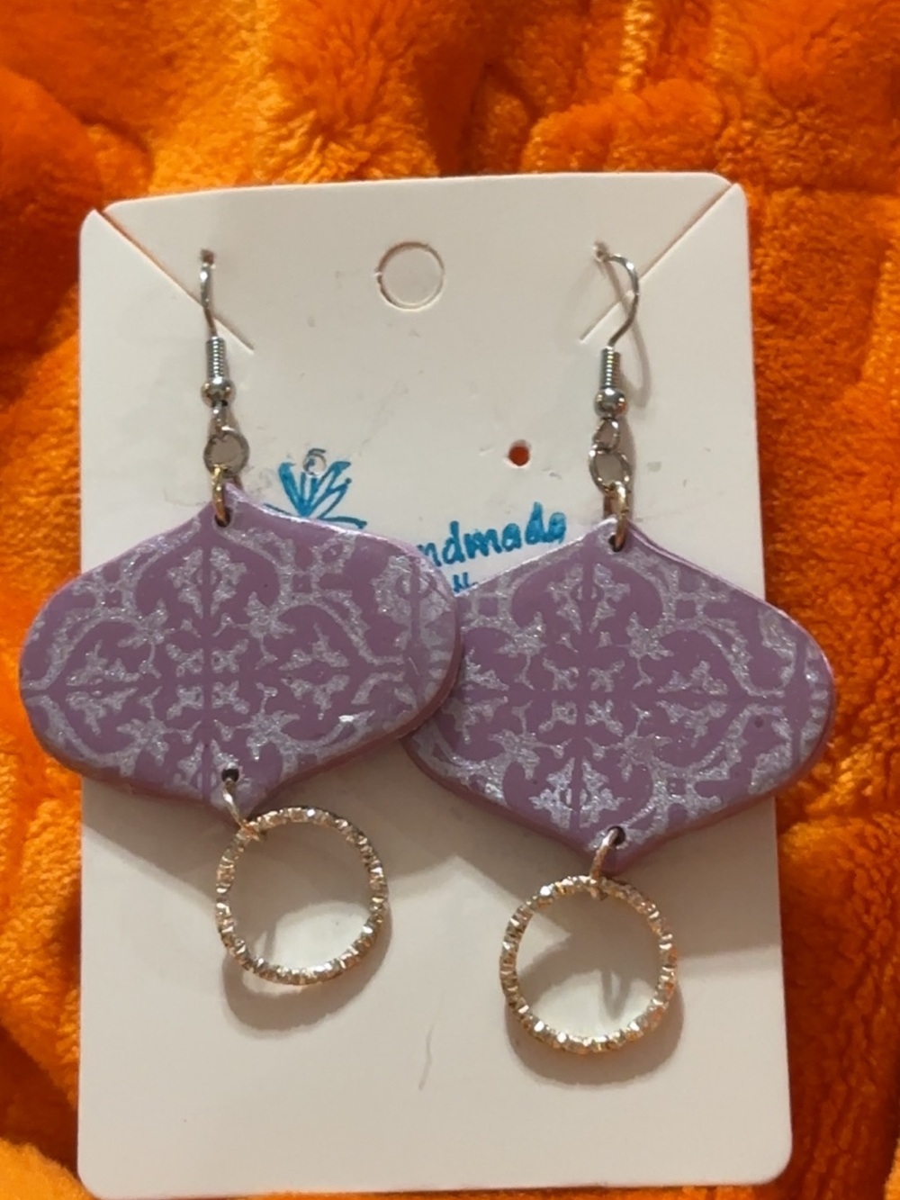 Handmade Lavender Patterned Drop Earrings with Gold Rings